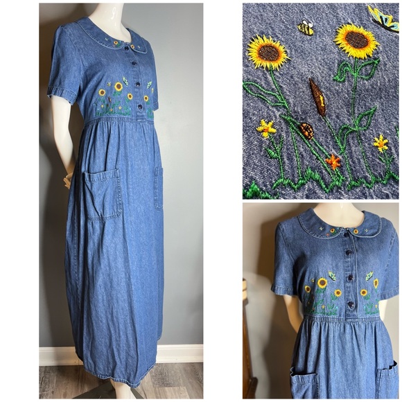 Vintage Dresses & Skirts - vintage Bobbie Brooks : denim embroidered maxi dress